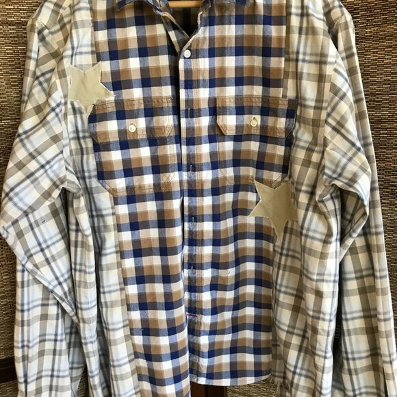 Upcycled Patchwork Plaid Shirt, Size M-L: Boho Mixed Print Top, Star Appliqué - Picture 7 of 11